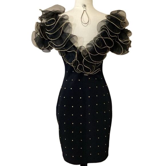 Tadashi Shoji Silk Puff Sleeve Black Body Con Party Dress Vintage ‘90s sz S - Picture 7 of 9